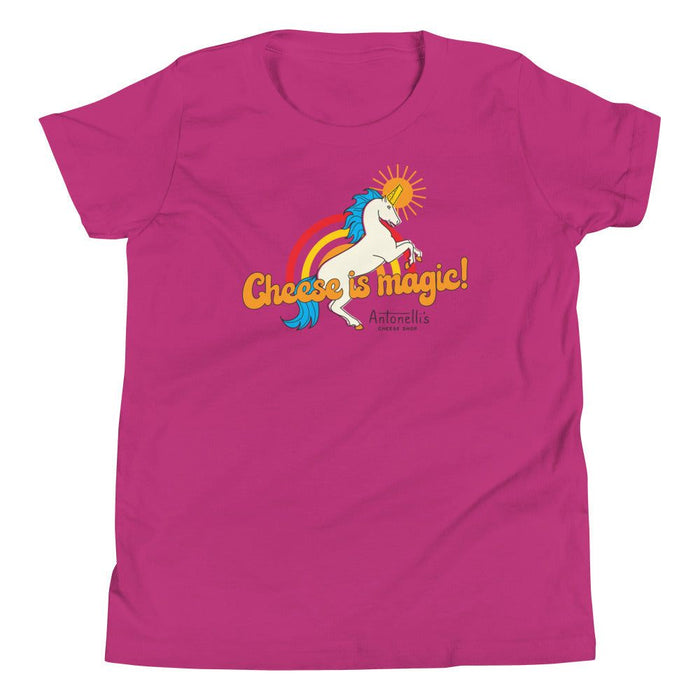 Youth T-shirt with "Cheese is Magic" unicorn design in pink, short sleeve.