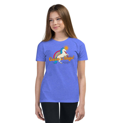 Youth blue t-shirt with "Cheese is Magic" design, featuring a girl wearing it.