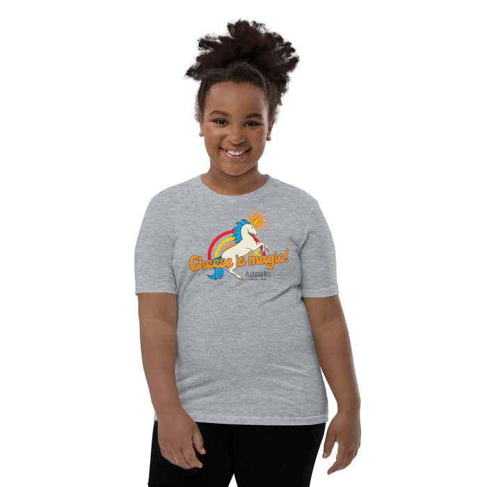 Youth "Cheese is Magic" short sleeve T-shirt with unicorn design, light and soft fabric, relaxed fit.
