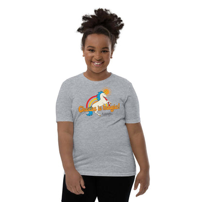 Youth "Cheese is Magic" short sleeve T-shirt with unicorn design, light and soft fabric, relaxed fit.