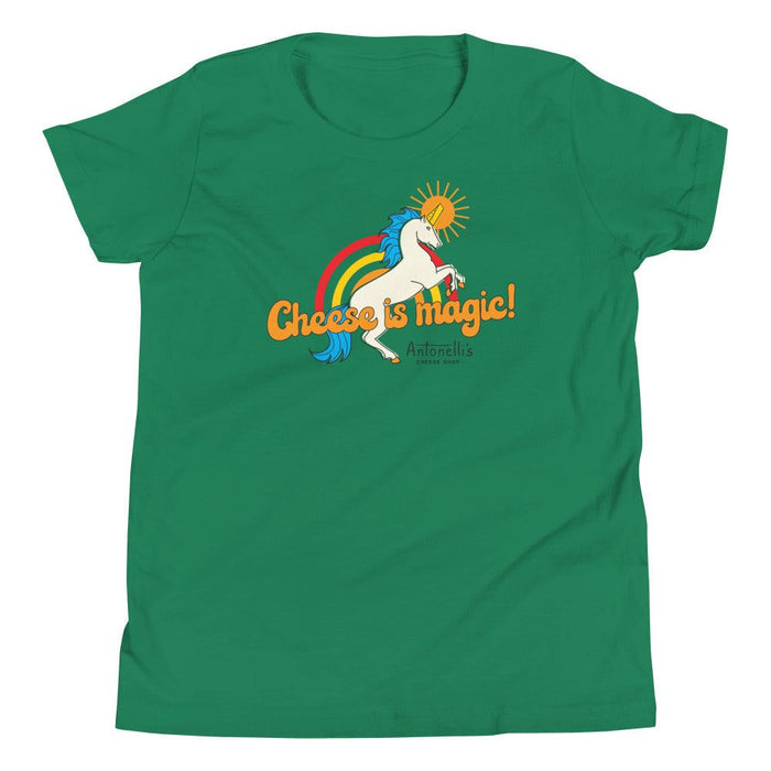 Youth "Cheese is Magic" green short sleeve T-shirt with unicorn and rainbow design.