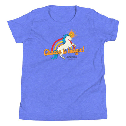 Youth t-shirt with "Cheese is Magic" design and unicorn graphic.