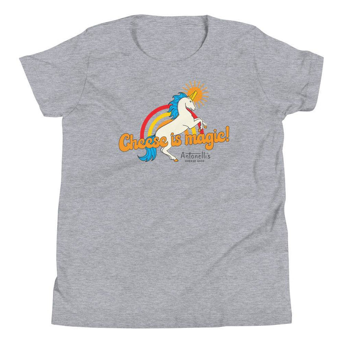 Youth Cheese is Magic short sleeve t-shirt with unicorn and rainbow design.