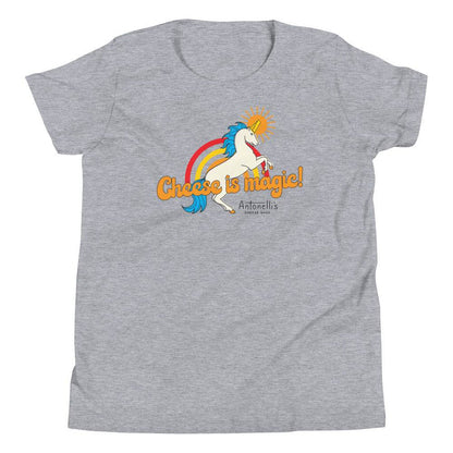 Youth Cheese is Magic short sleeve t-shirt with unicorn and rainbow design.