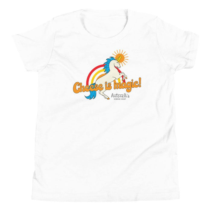 Youth Cheese is Magic short sleeve t-shirt with unicorn design, 100% cotton, light and soft fabric.