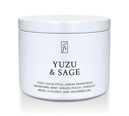 Yuzu & Sage Scented Candle Tin on a white background by Kringle Candle