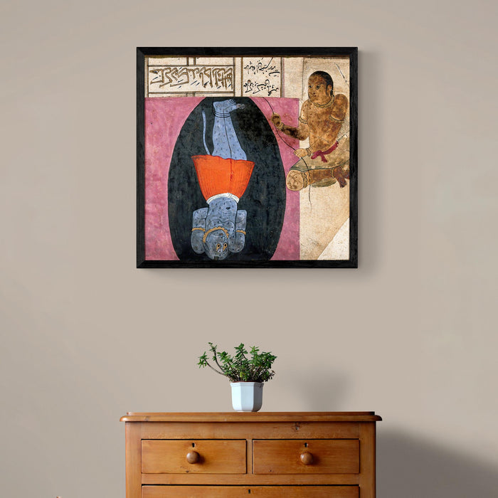 Zoroastrian Div (Demon) Cast Into a Cave | 19th-Century Persian, Indian Mythology Framed Art Print